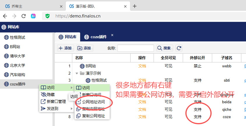 右键菜单 - 公网地址访问与外部公开设置